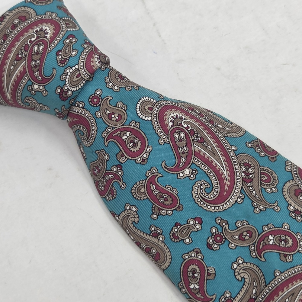 VINTAGE Christian Dior Monsieur Italian Silk Tie Teal Burgundy Paisley Made USA